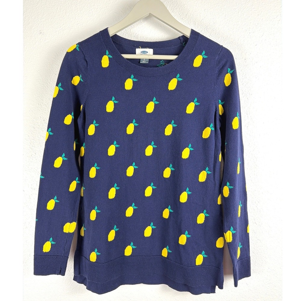 Old Navy Womens Navy Blue Lemon Print Cotton Crew Neck Sweater Small S P